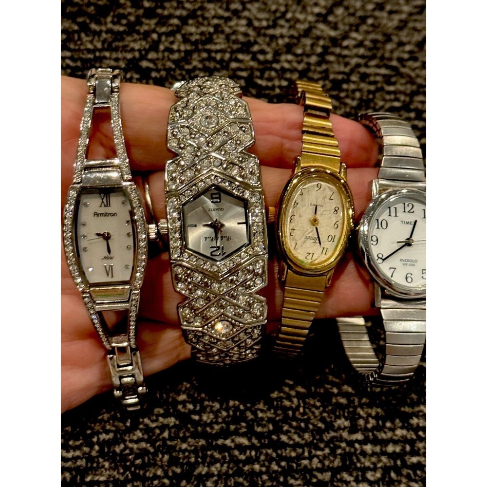 Four Nice Jeweled  watches for Gold/Silver ladies As Is Timex Peck!Peck Armitron